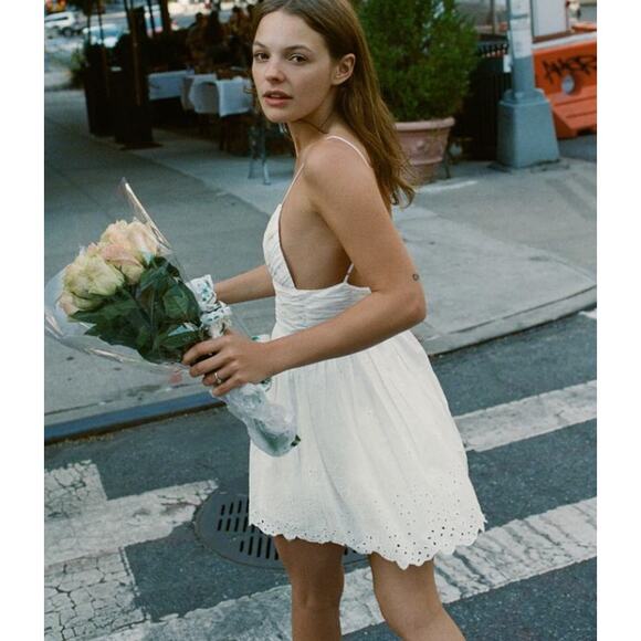 Zara White Cotton Eyelet Embroidered V-Neck Mini Spaghetti Strap Dress Sz Medium - Picture 2 of 11